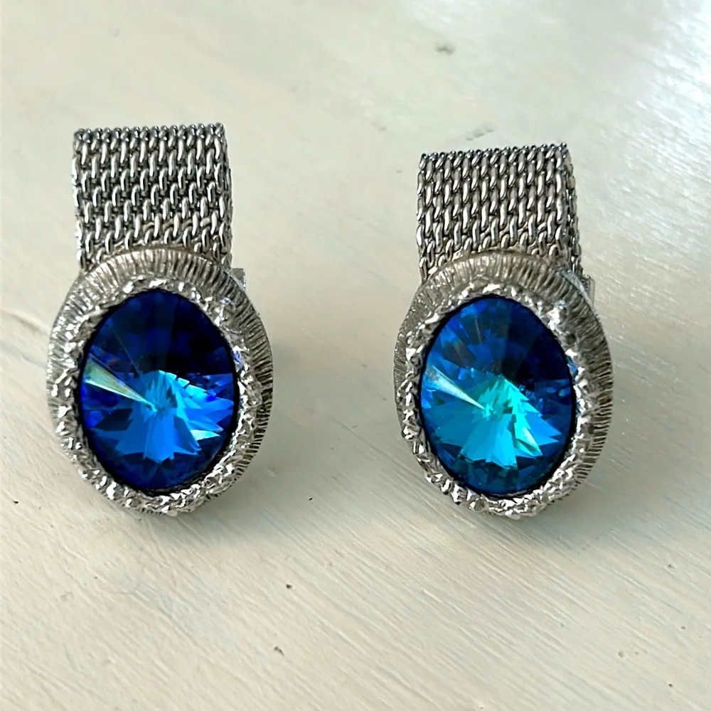 Swank Chain Mesh Blue Crystal Silver Tone Cufflinks-Mesh Chain Wrap- Formal